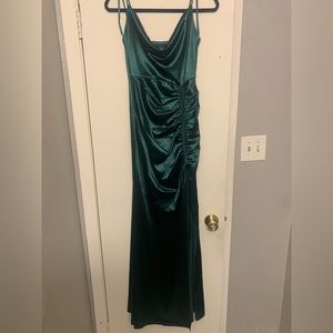 Long high slit emerald green prom dress